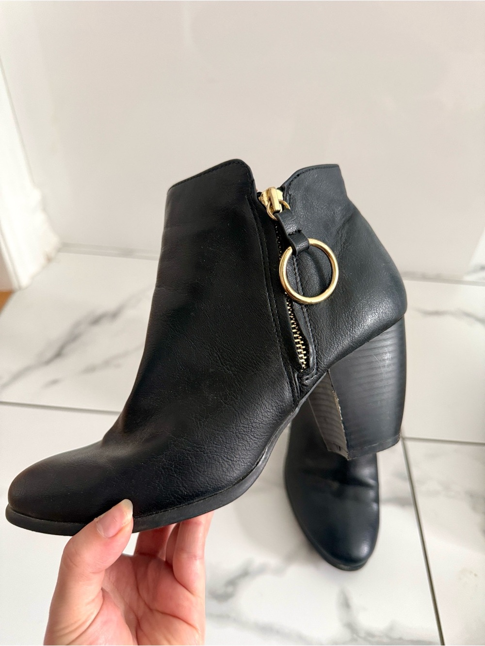 Classic Black Leather Ankle Boots with Gold Ring Zip
